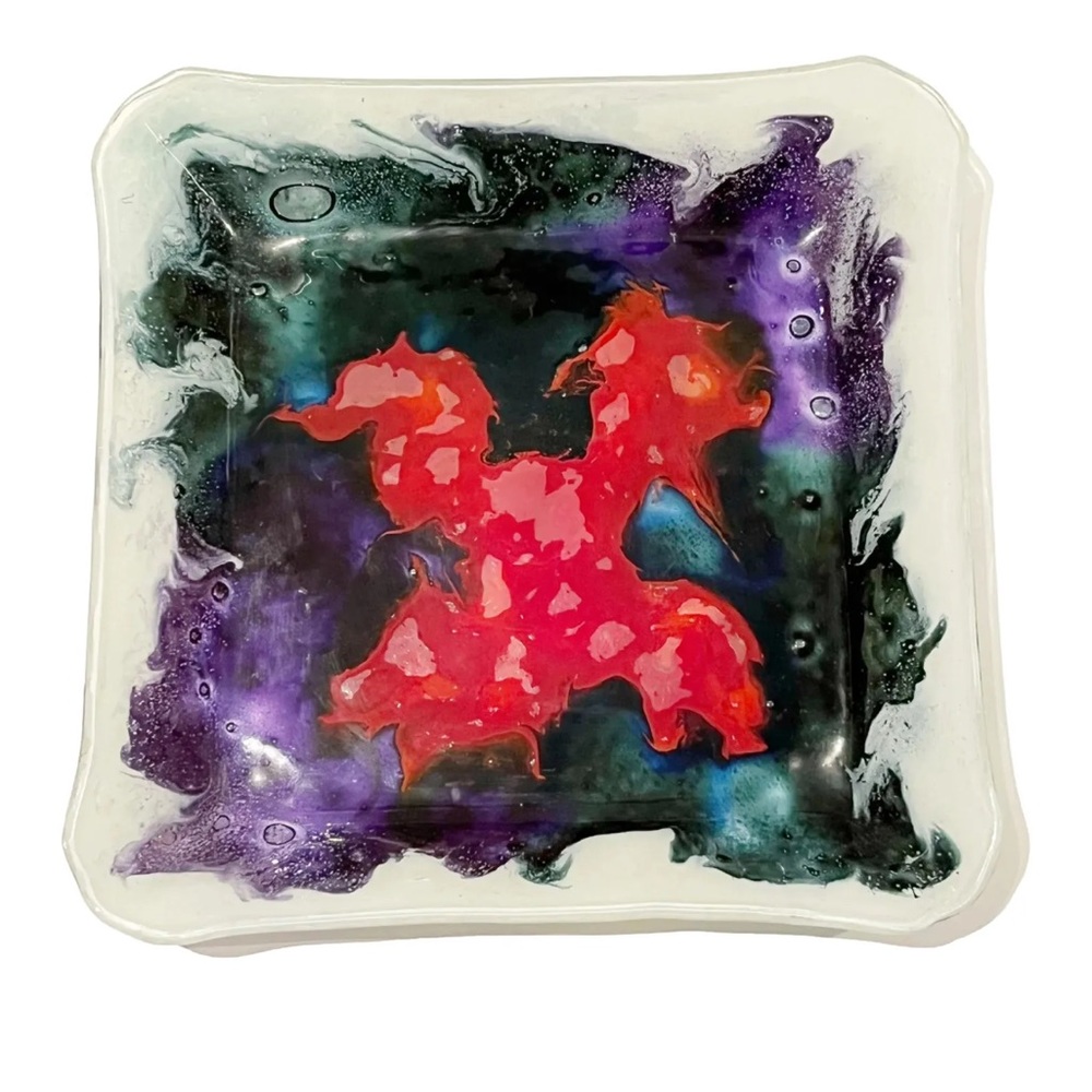 Multicolor Marbled Watercolour Decorative Glass Dish Plate Red Blue Green Purple